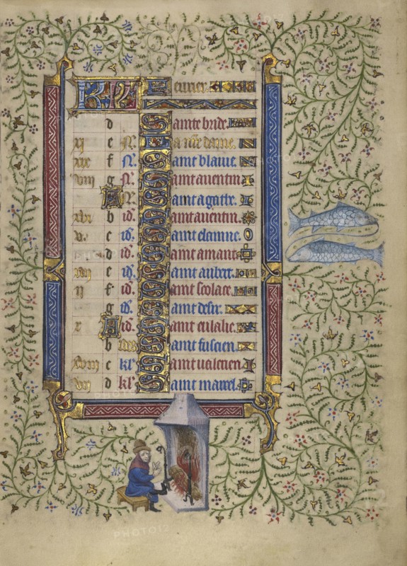 A Man Warming by a Fire; Zodiacal Sign of Pisces; Follower of the Egerton Master, French , Netherlandish, active about 1405