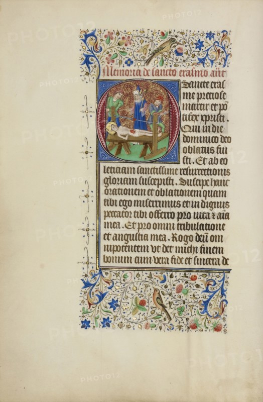 Initial O: The Martyrdom of Saint Erasmus; Master of the Llangattock Hours, Flemish, active about 1450 - 1460, Bruges
