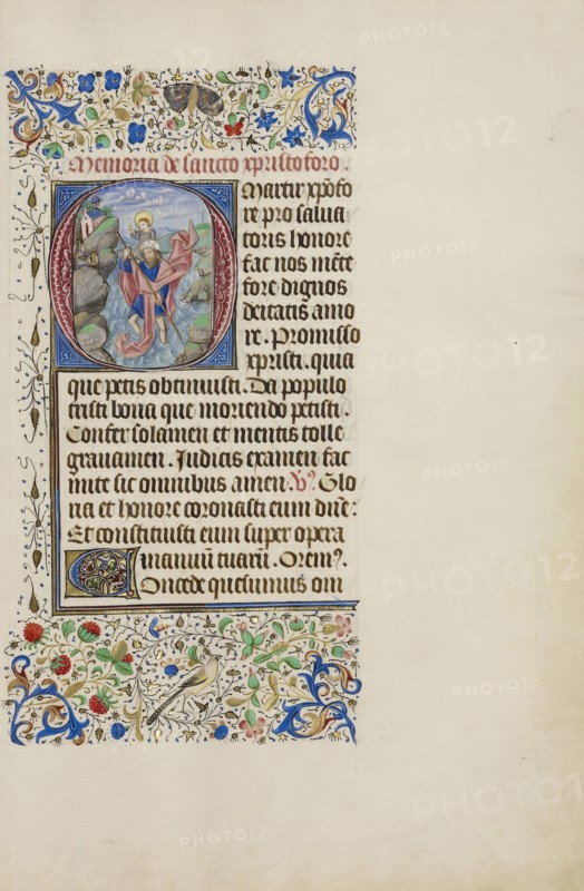 Initial O: Saint Christopher Carrying the Christ Child; Master of the Llangattock Hours, Flemish, active about 1450 - 1460