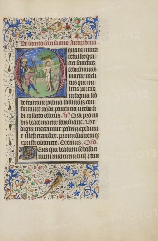 Initial O: The Martyrdom of Saint Sebastian; Master of the Llangattock Hours, Flemish, active about 1450 - 1460, Bruges