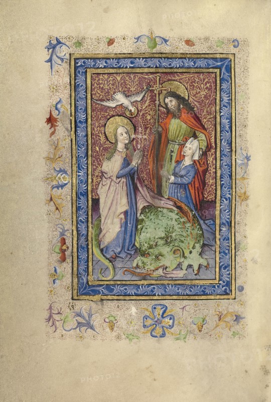 A Bearded Saint with Cruciform Staff Presenting a Kneeling Woman to Saint Margaret; Brabant, possibly, Flanders, Belgium; after