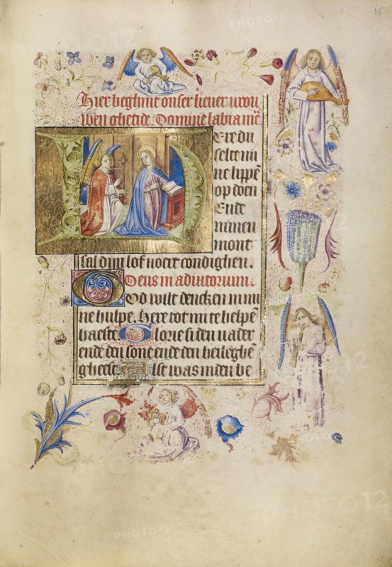 Initial H: The Annunciation; Brabant, possibly, Flanders, Belgium; after 1460; Tempera colors, gold leaf, and ink on parchment