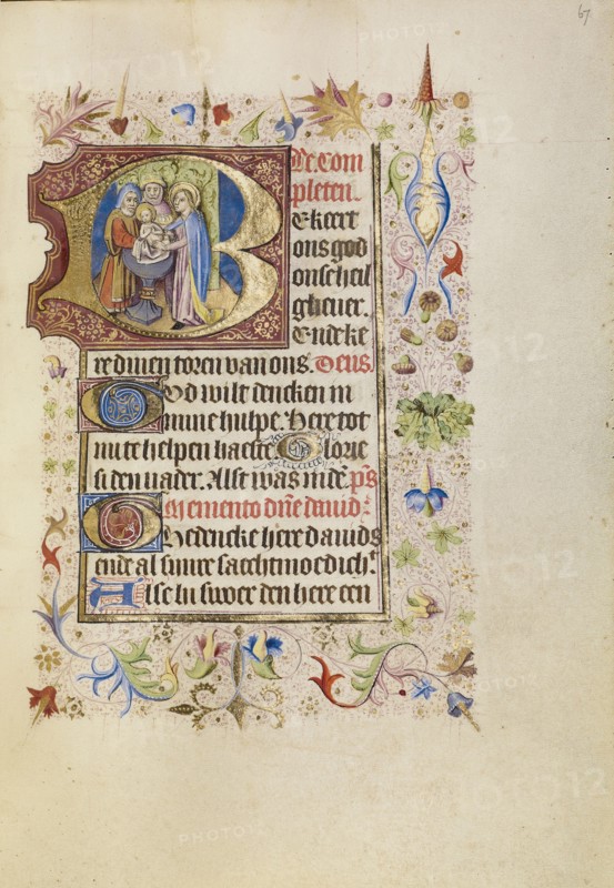 Initial B: The Presentation in the Temple; Brabant, possibly, Flanders, Belgium; after 1460; Tempera colors, gold leaf, and ink