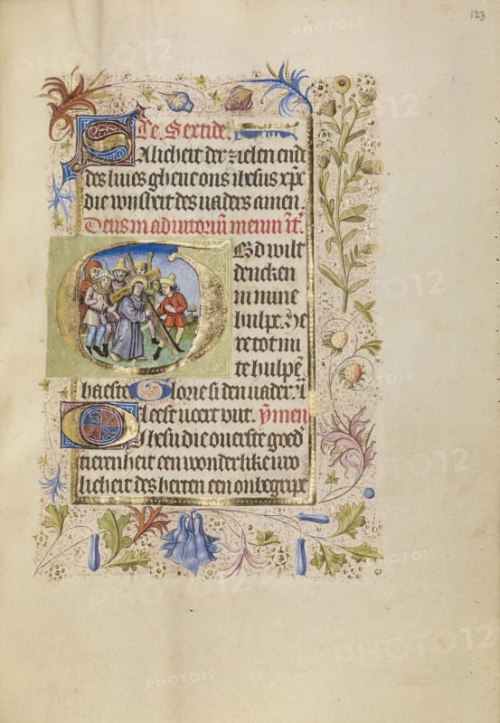 Initial G: The Way to Calvary; Brabant, possibly, Flanders, Belgium; after 1460; Tempera colors, gold leaf, and ink