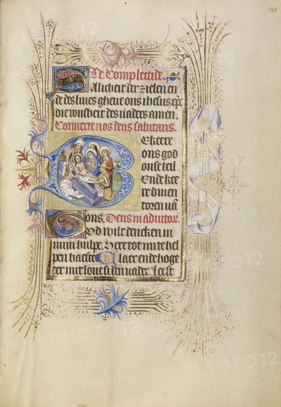 Initial B: The Entombment; Brabant, possibly, Flanders, Belgium; after 1460; Tempera colors, gold leaf, and ink on parchment