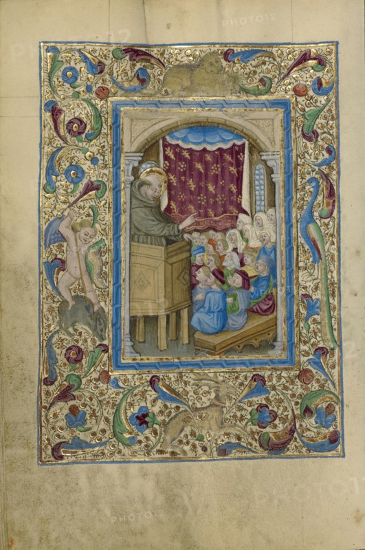 Saint Anthony of Padua Preaching; Naples, Campania, Italy; about 1460; Tempera colors, gold, and ink on parchment; Leaf