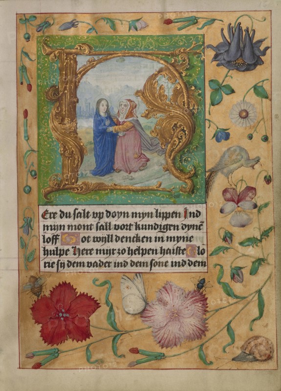Initial H: The Visitation; Workshop of Gerard Horenbout, Flemish, 1465 - 1541, Cologne, written, Germany; about 1500; Tempera