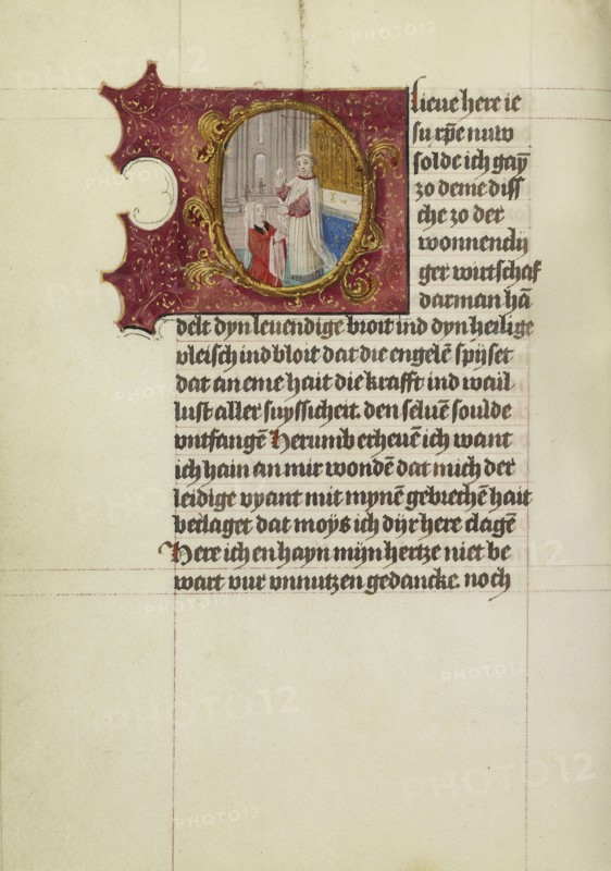 Initial O: A Woman Receiving Communion; Workshop of Gerard Horenbout, Flemish, 1465 - 1541, Ghent, illuminated