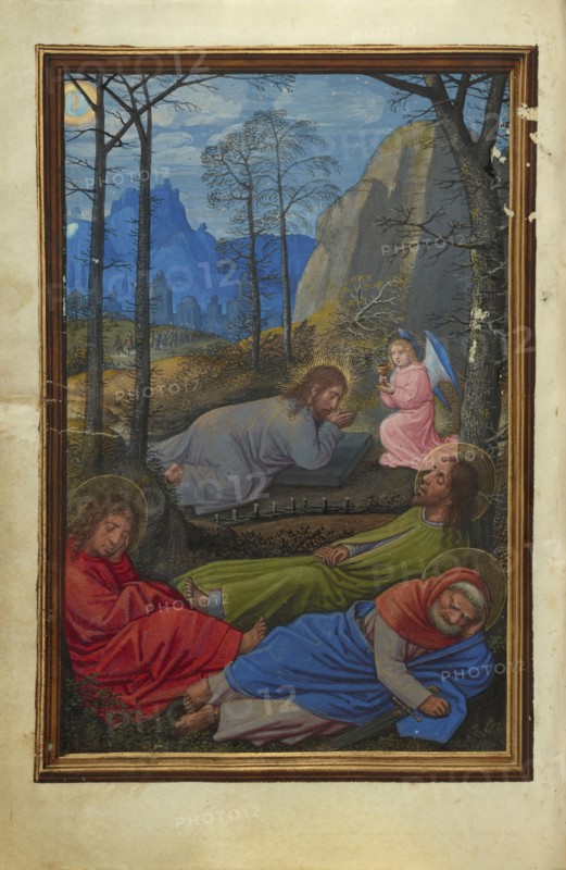 The Agony in the Garden; Simon Bening, Flemish, about 1483 - 1561, Bruges, Belgium; about 1525–1530; Tempera colors, gold paint