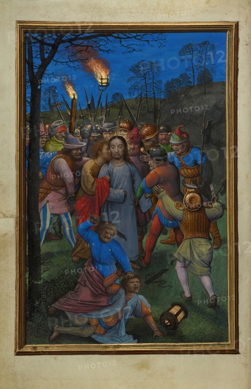 The Betrayal of Christ; Simon Bening, Flemish, about 1483 - 1561, Bruges, Belgium; about 1525 - 1530; Tempera colors, gold