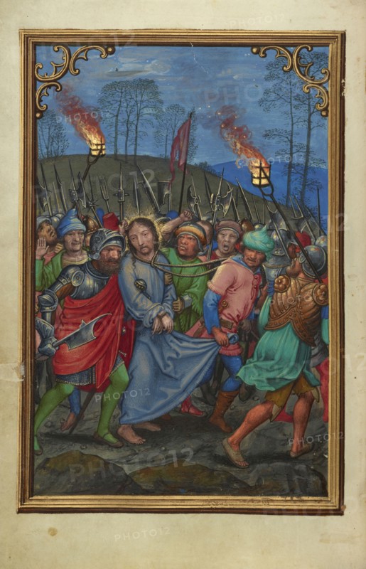 The Arrest of Christ; Simon Bening, Flemish, about 1483 - 1561, Bruges, Belgium; about 1525 - 1530; Tempera colors, gold paint