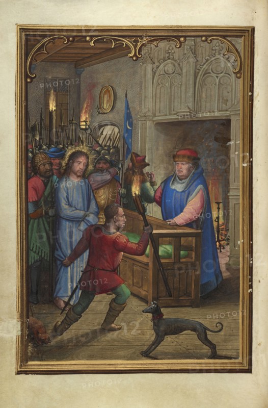 Christ before Annas; Simon Bening, Flemish, about 1483 - 1561, Bruges, Belgium; about 1525–1530; Tempera colors, gold paint