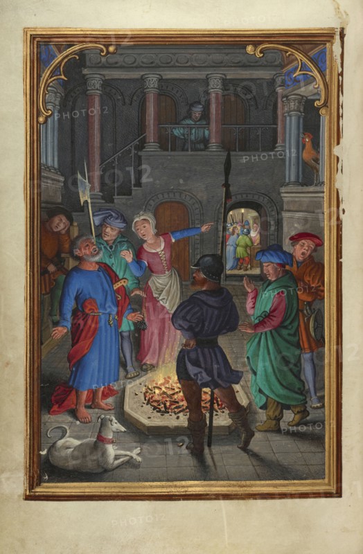 The Denial of Saint Peter; Simon Bening, Flemish, about 1483 - 1561, Bruges, Belgium; about 1525 - 1530; Tempera colors, gold
