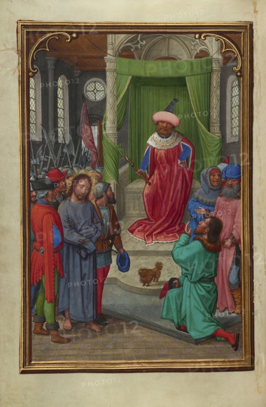 Christ before Herod; Simon Bening, Flemish, about 1483 - 1561, Bruges, Belgium; about 1525–1530; Tempera colors, gold paint