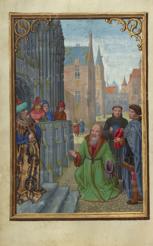 Joseph of Arimathea Before Pilate; Simon Bening, Flemish, about 1483 - 1561, Bruges, Belgium; about 1525–1530; Tempera colors