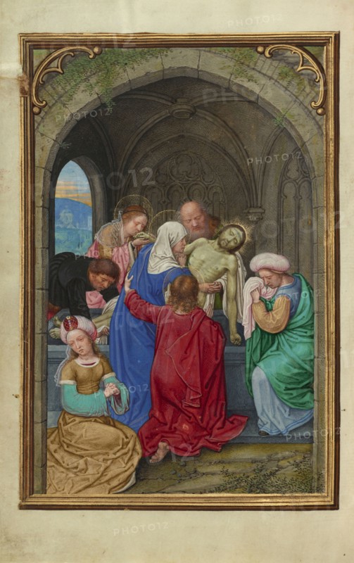 The Entombment; Simon Bening, Flemish, about 1483 - 1561, Bruges, Belgium; about 1525 - 1530; Tempera colors, gold paint