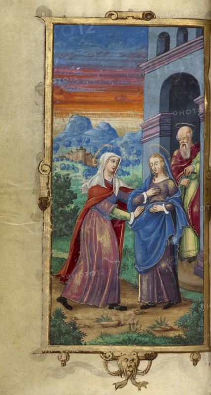 The Visitation; Paris, France; 1544; Tempera colors and gold paint on uterine parchment; Leaf: 14.3 x 8.1 cm, 5 5,8 x 3 3,16 in