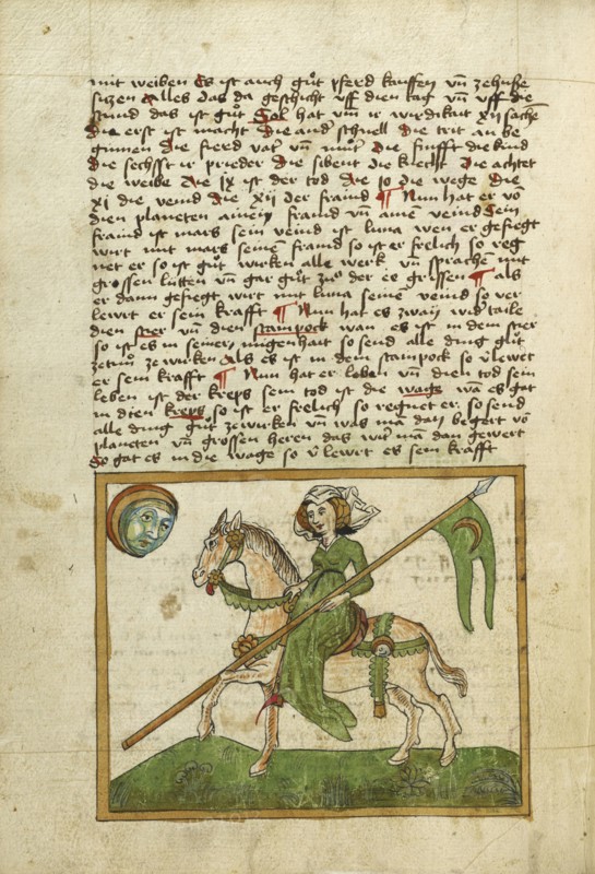 The Moon Represented as a Woman on Horseback; Ulm, Germany; shortly after 1464; Watercolor and ink on paper