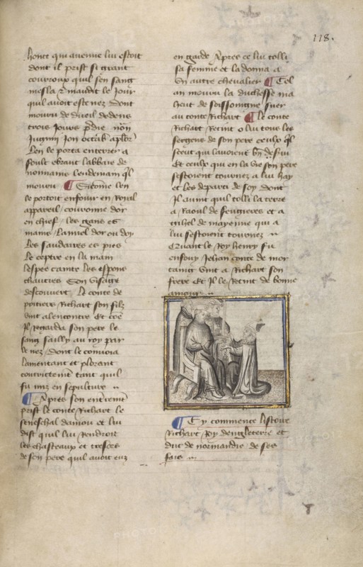 The Bishop of Rouen Presenting the Ducal Sword to Richard I; Paris, France; about 1400 - 1415; Leaf: 29.1 x 19.1 cm