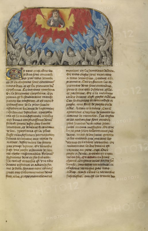 God the Father with the Heavenly Hierarchy; Ghent, Belgium; about 1475; Tempera colors, gold leaf, and gold paint on parchment