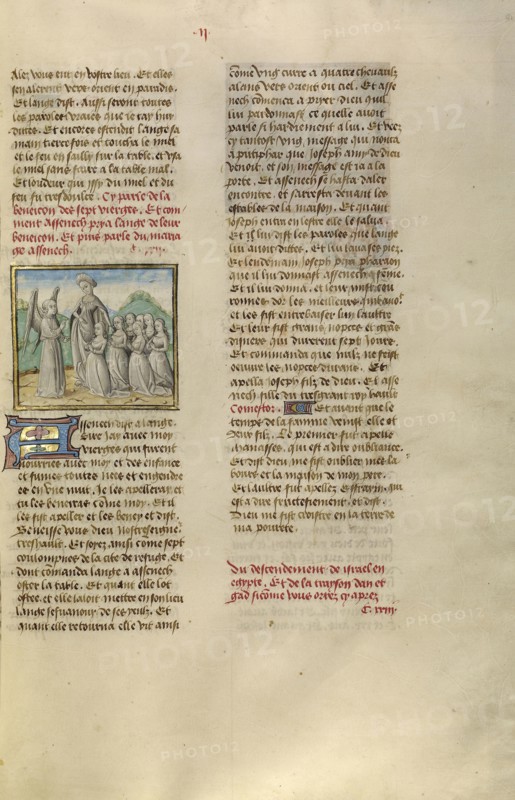 Aseneth Requesting the Angel's Blessing of Seven Young Women; Ghent, Belgium; about 1475; Tempera colors, gold leaf