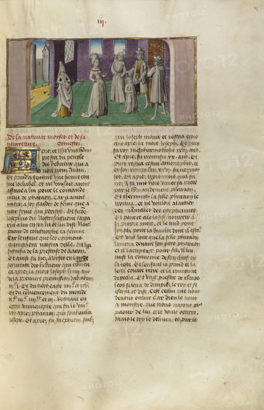 Moses before Pharaoh and Thermutis; Ghent, Belgium; about 1475; Tempera colors, gold leaf, and gold paint on parchment; Leaf