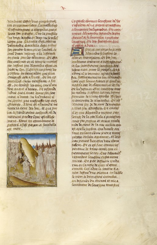 Alexander the Great with his Army before Jerusalem; Ghent, Belgium; about 1475; Tempera colors, gold leaf, and gold paint