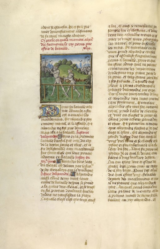Alexander the Great and King Porus in Battle; Ghent, Belgium; about 1475; Tempera colors, gold leaf, and gold paint on parchment