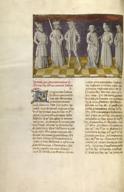 The Six Predecessors of Julius Caesar; Ghent, Belgium; about 1475; Tempera colors, gold leaf, and gold paint on parchment; Leaf