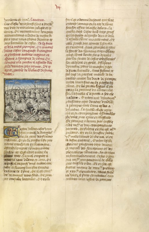 The Army of Pompeius Fleeing Julius Caesar; Ghent, Belgium; about 1475; Tempera colors, gold leaf, and gold paint on parchment