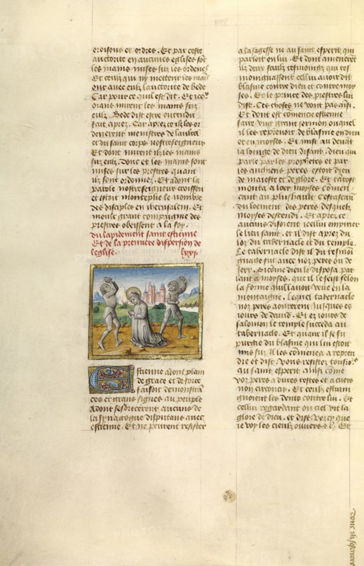 The Stoning of Saint Stephen; Ghent, Belgium; about 1475; Tempera colors, gold leaf, and gold paint on parchment; Leaf
