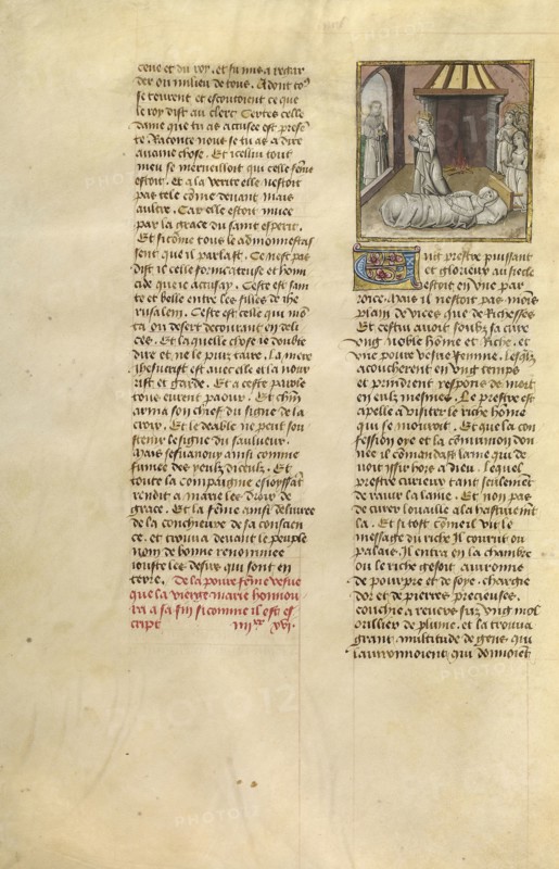 The Virgin at the Bedside of a Dying Woman; Ghent, Belgium; about 1475; Tempera colors, gold leaf, and gold paint on parchment