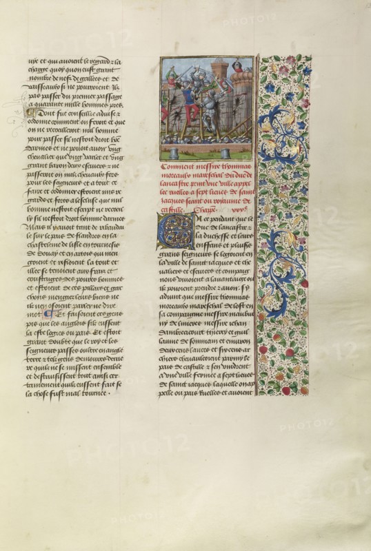 Thomas Moreaux, Marshall of John of Gaunt, Fighting at Ruelles; Bruges, Belgium; about 1480 - 1483; Tempera colors, gold leaf