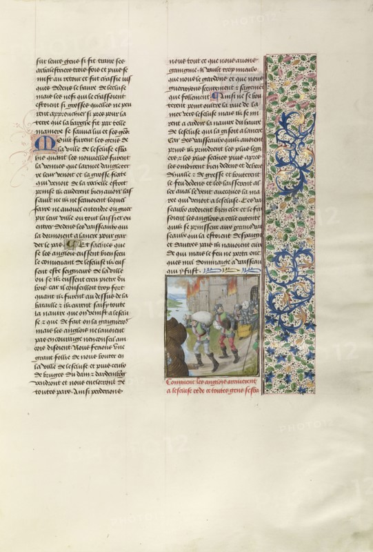 The English Capturing the Flemish Fleet and Burning Flemish Towns; Bruges, Belgium; about 1480 - 1483; Tempera colors, gold leaf