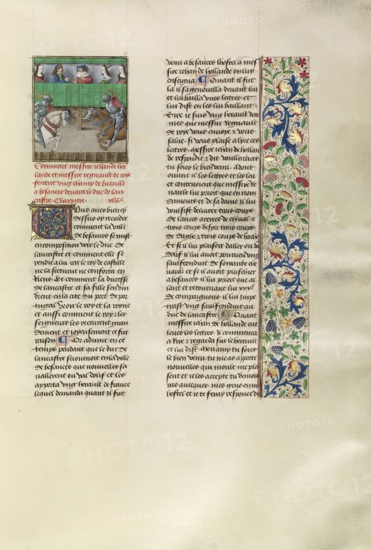 Thomas of Holland and Jean de Roye Jousting at Betanzos; Bruges, Belgium; about 1480 - 1483; Tempera colors, gold leaf