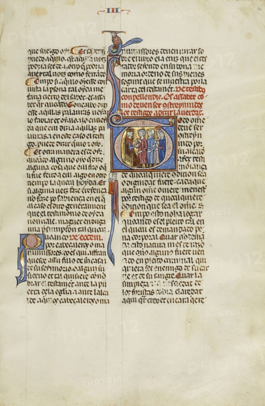 Initial T: Two Men and Two Witnesses before a Judge; Unknown, Michael Lupi de Çandiu, Spanish, active Pamplona, Spain 1297