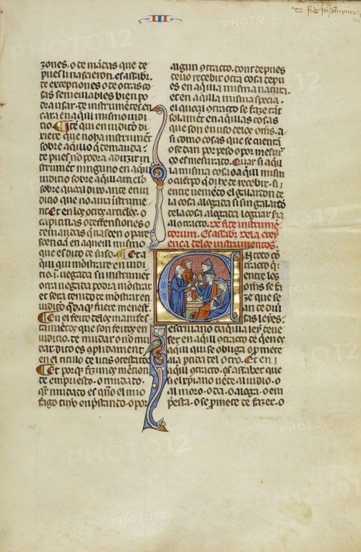 Initial E: A Man Receiving a Purse from a Jew in Exchange for a Goblet; Unknown, Michael Lupi de Çandiu, Spanish, active
