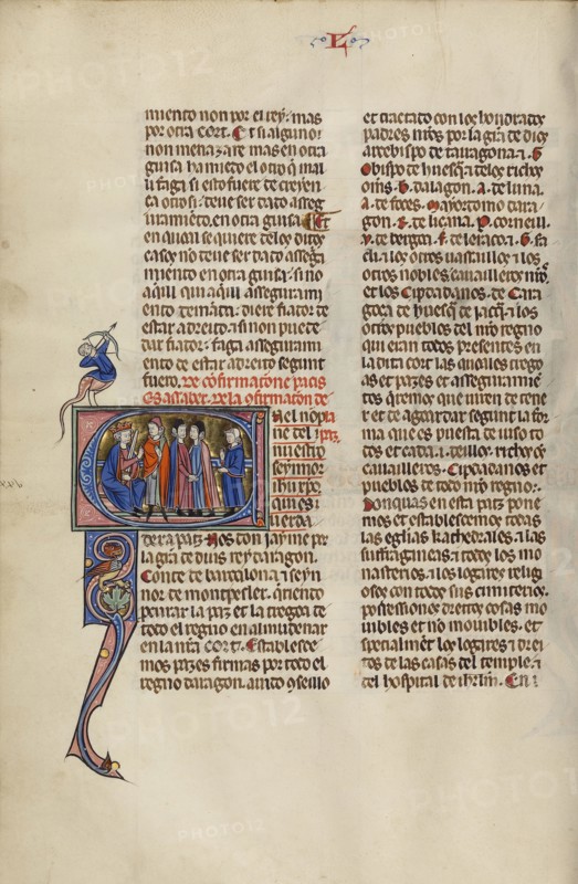 Initial E: Four Men before a King; Unknown, Michael Lupi de Çandiu, Spanish, active Pamplona, Spain 1297 - 1305, Northeastern