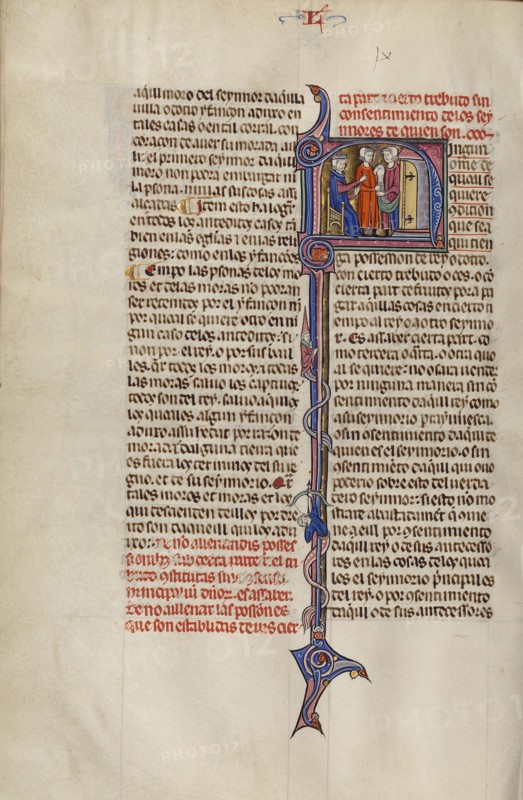 Initial N: Two Men Standing before a Judge Emptying a Money Purse; Unknown, Michael Lupi de Çandiu, Spanish, active Pamplona