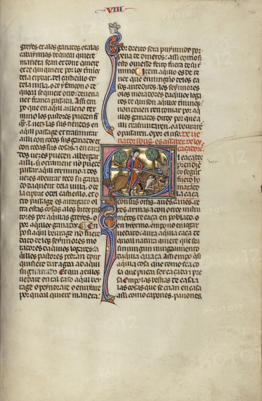 Initial E: A Hunter Killing a Boar; Unknown, Michael Lupi de Çandiu, Spanish, active Pamplona, Spain 1297 - 1305, Northeastern