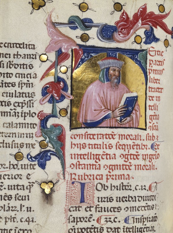 Initial T: Bust Portrait of a Bearded Man; Venice, Veneto, Italy; early 15th century; Tempera colors, pen and ink, and gold leaf