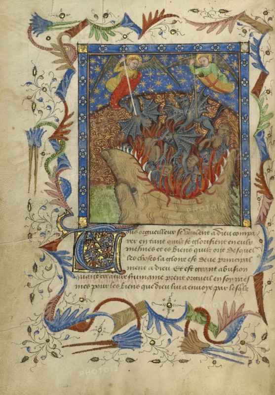 The Fall of the Rebel Angels; Avignon, probably, France; about 1430; Tempera colors, gold leaf, gold paint, and pen and ink