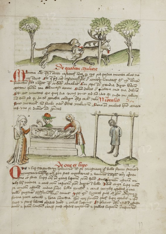 A Dog Hunting a Stag; A Man Killed by Hanging and A Woman Laying in a Coffin; Trier, probably, Germany; third quarter of 15th