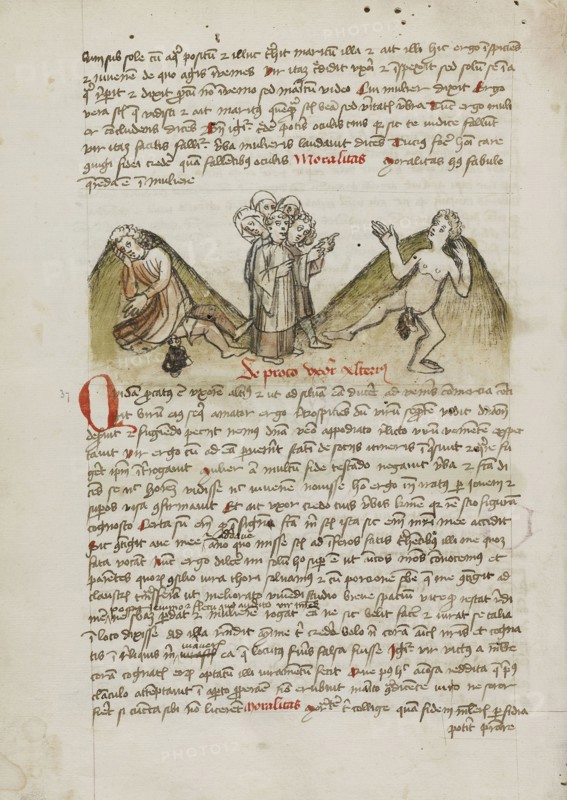 A Woman and a Nude Man and a Cleric Speaking to the Man; Trier, probably, Germany; third quarter of 15th century; Pen and black