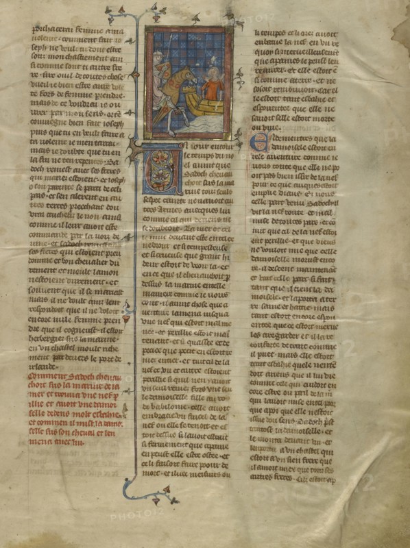 Sadoch Finding Celynde at the Seashore with Retinue; Paris, France; about 1320 - 1340; Tempera colors, gold paint, and silver