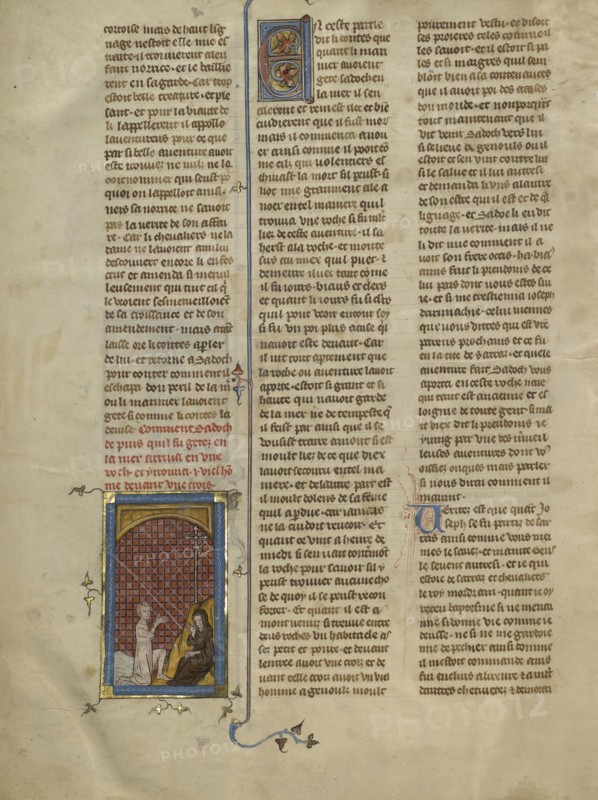 Sadoch Kneeling before a Hermit; Paris, France; about 1320 - 1340; Tempera colors, gold paint, and silver and gold leaf