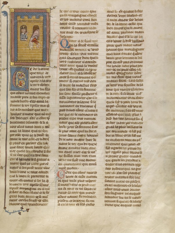 Queen Gloriande Throwing Herself from a Window; Paris, France; about 1320 - 1340; Tempera colors, gold paint, and silver