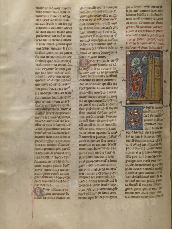 Palamdes Freeing Brangain; Paris, France; about 1320 - 1340; Tempera colors, gold paint, and silver and gold leaf on parchment