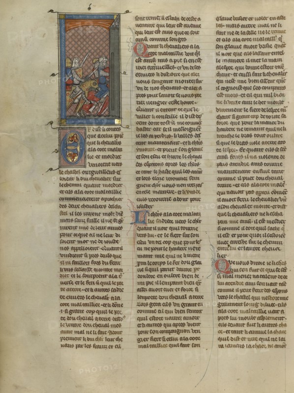 Mordret and Knight à la cote mal taillée Pursuing Two Knights; Paris, France; about 1320 - 1340; Tempera colors, gold paint