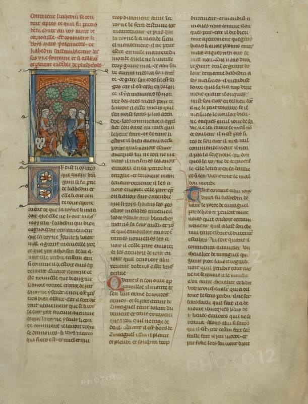 Kahedin and Palamedes Speaking to King Mark; Paris, France; about 1320 - 1340; Tempera colors, gold paint, and silver